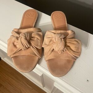 Tory Burch Annabelle Slide Sandals Bow Tan Leather Suede 7